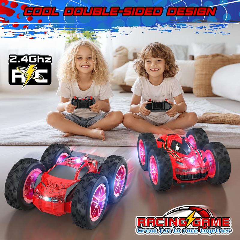 Remote Control Car for Kids, RC Stunt Cars Toys for Boys Ages 4-7 with Cool Double-Sided Pattern and LED Flash, 1:24 Vehicle Toy Car Hobby Racing Car Toys Gift