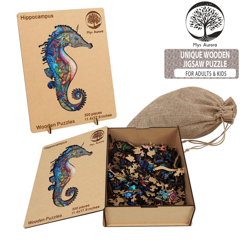 Mys Aurora Wooden Jigsaw Puzzle Seahorse 200 300 Pcs Unique Shape Wood Box Packing Creative Gift for Adults and Kids Boys Girls Fun Challenging Family Game for Parents Grandparents Brainstorm