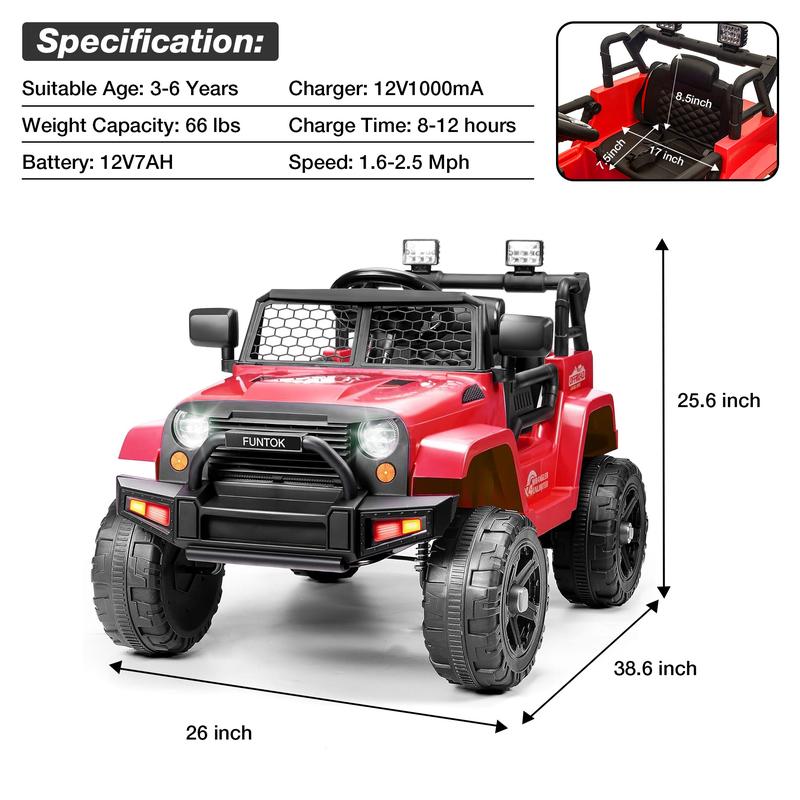 FUNTOK 12V Electric Ride On Car Jeep with Remote Control, LED Lights, Horn, Radio, USB AUX MP3 Music Play, Opening Doors & Spring Suspension for Kids Toddlers