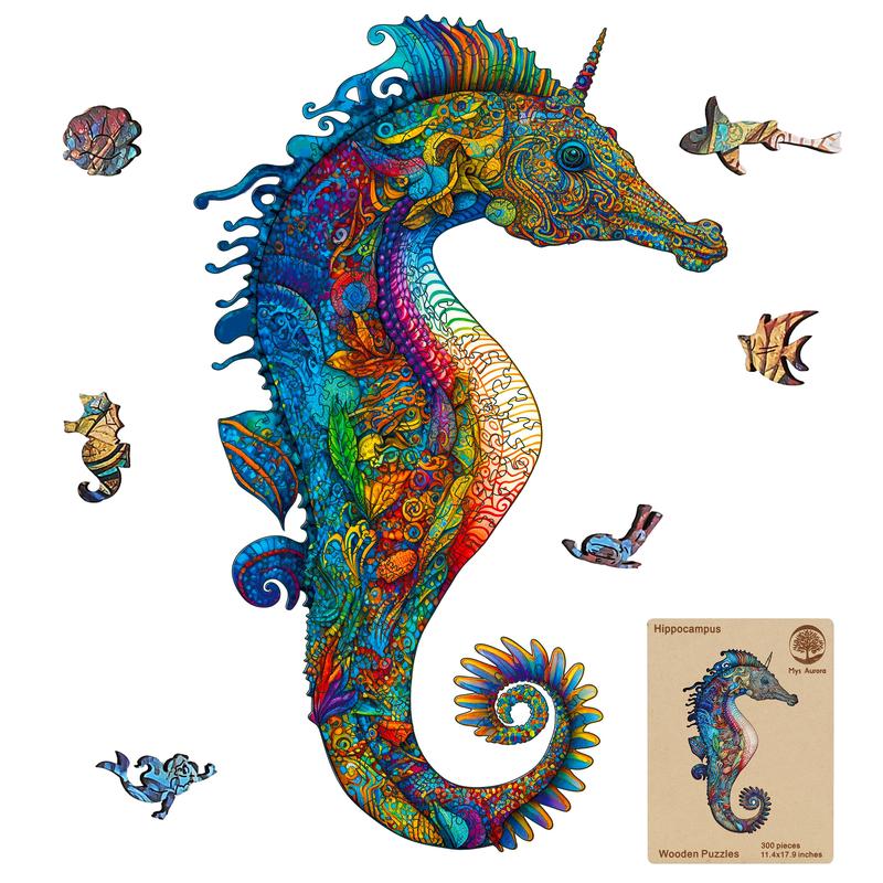 Mys Aurora Wooden Jigsaw Puzzle Seahorse 200 300 Pcs Unique Shape Wood Box Packing Creative Gift for Adults and Kids Boys Girls Fun Challenging Family Game for Parents Grandparents Brainstorm