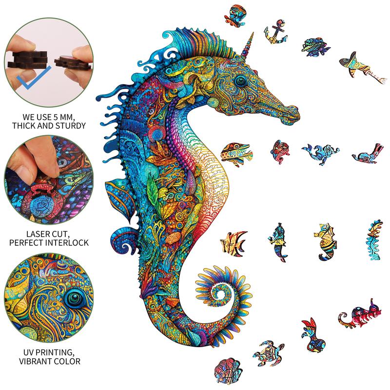 Mys Aurora Wooden Jigsaw Puzzle Seahorse 200 300 Pcs Unique Shape Wood Box Packing Creative Gift for Adults and Kids Boys Girls Fun Challenging Family Game for Parents Grandparents Brainstorm