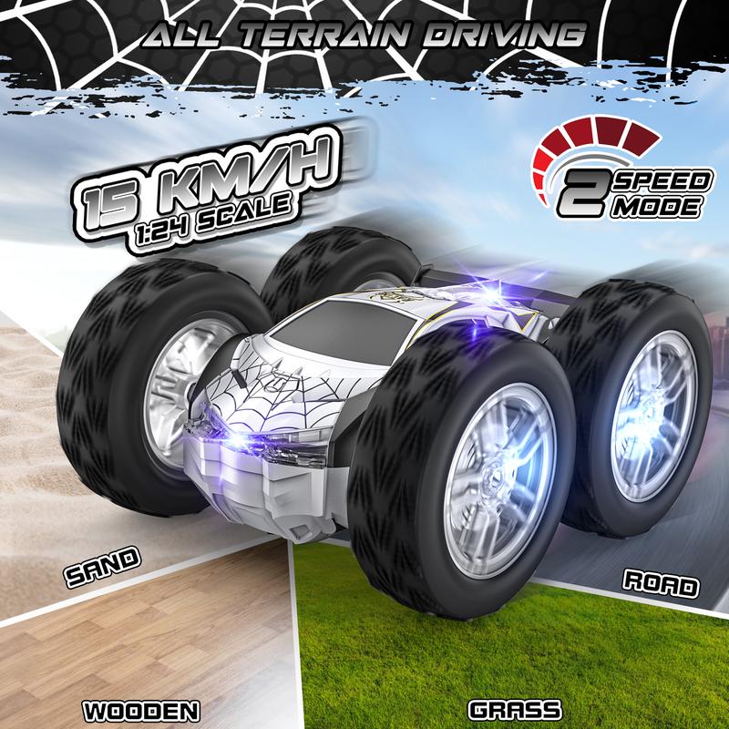 Remote Control Car for Kids, RC Stunt Cars Toys for Boys Ages 4-7 with Cool Double-Sided Pattern and LED Flash, 1:24 Vehicle Toy Car Hobby Racing Car Toys Gift