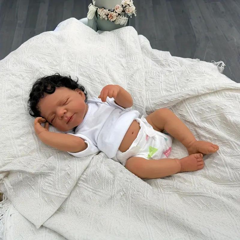 MADOLL 19inch 48cm Soft Silicone Asleep Reborn Baby Doll Alive Newborn Bebe Girl Cloth Body Toy with Black Skin Doll Lovely Kids Birthday Gift