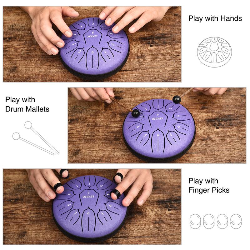 LEKATO Steel Tongue Drum 6 Inch 11 Note, Tongue drum D Major Handpan Drum for Meditation Yoga Musical Education, Handpan drum for Families Friends