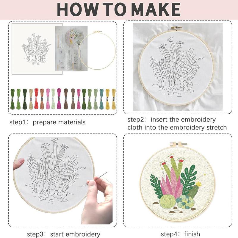 Plant Pattern Embroidery Kit, 4pcs set DIY Embroidery Kit with Random Color Accessories, Embroidery Supplies for Home Decor