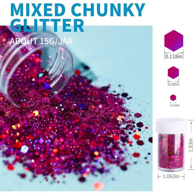 Glitter, Chunky Glitter, 18 Jars Glitter, Mixed Fine Chunky Glitter for Crafts, Craft Glitter for , Holographic Iridescent Glitter Bulk, Glitter for Tumbler DIY Crafts, Total 270g