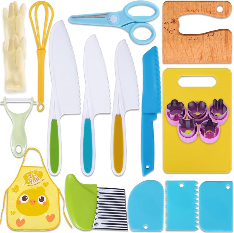 45 Piece Kids Kitchen Utensils Set, Kids Real Cooking Kitchen Utensils, Kids Kitchen Tools Set with Wooden Kids Cutting Board Gloves Fruits Vegetables Waves