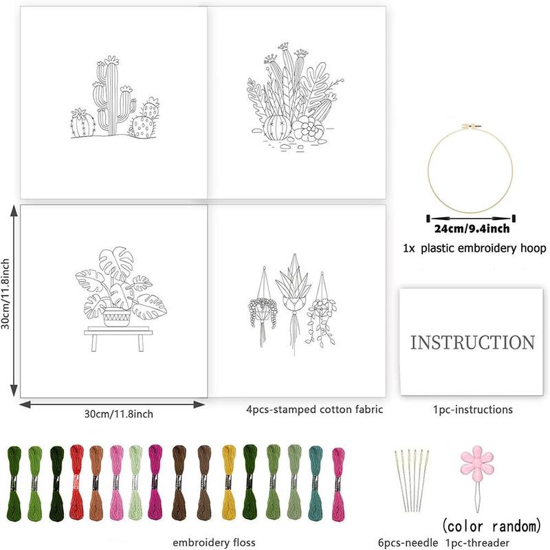 Plant Pattern Embroidery Kit, 4pcs set DIY Embroidery Kit with Random Color Accessories, Embroidery Supplies for Home Decor