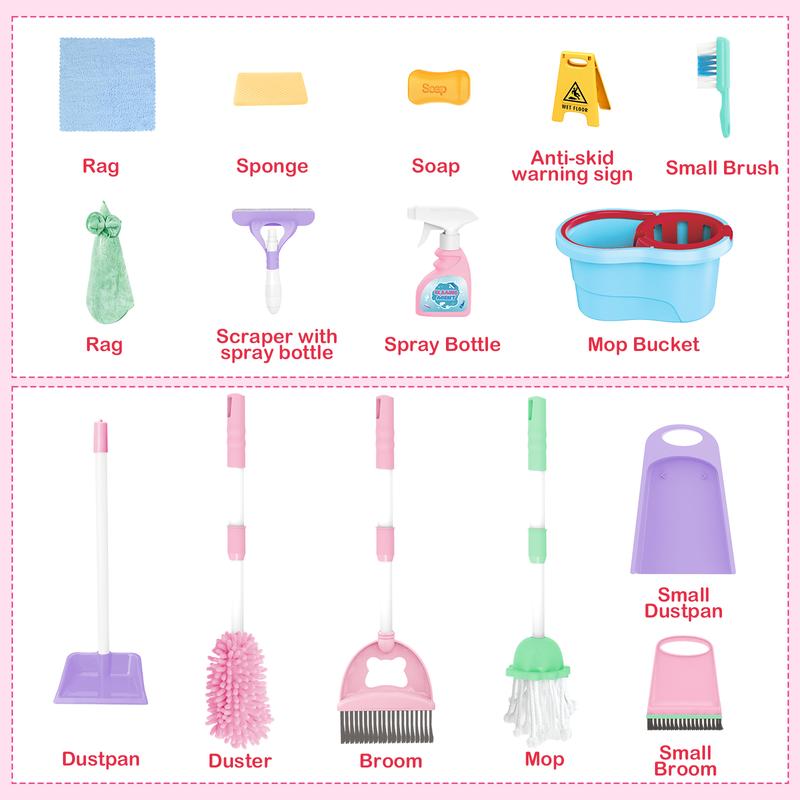 deAO Toy Cleaning Set – Play Housekeeping and Janitor Accessories Cart – Pretend Broom, Mop and Dustpan