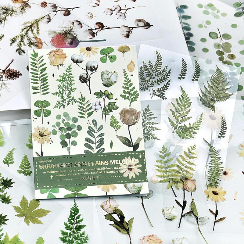 400 count  Floral Scrapbook Stickers Kit Vintage Fern  Green Transparent  Stickers Book for Scrapbooking Supplies Aesthetic Junk Journal Journaling Craft 20-Page