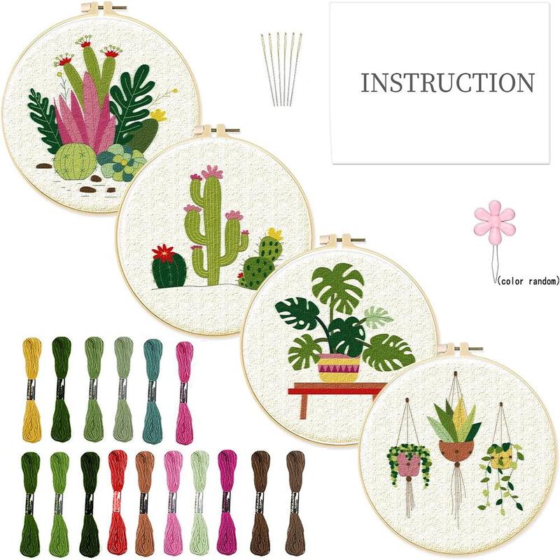 Plant Pattern Embroidery Kit, 4pcs set DIY Embroidery Kit with Random Color Accessories, Embroidery Supplies for Home Decor