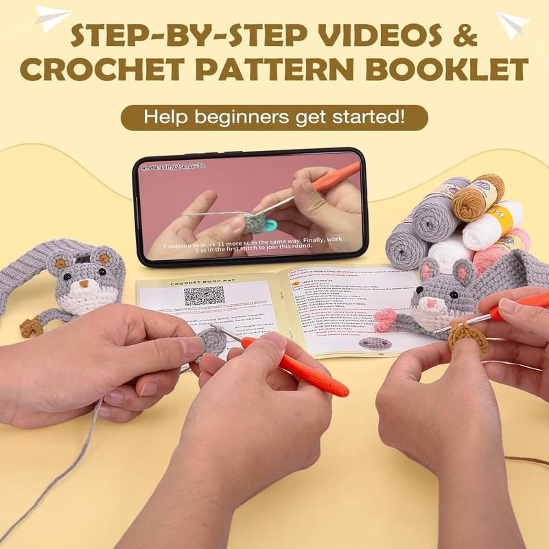 Crochetta Crochet Kit for Beginners, Amigurumi Crocheting Animals Kits w Step-by-Step Video Tutorials, Knitting Starter Pack for Adults and Kids, 2 Book Rat Familly (40%+ Yarn Content)