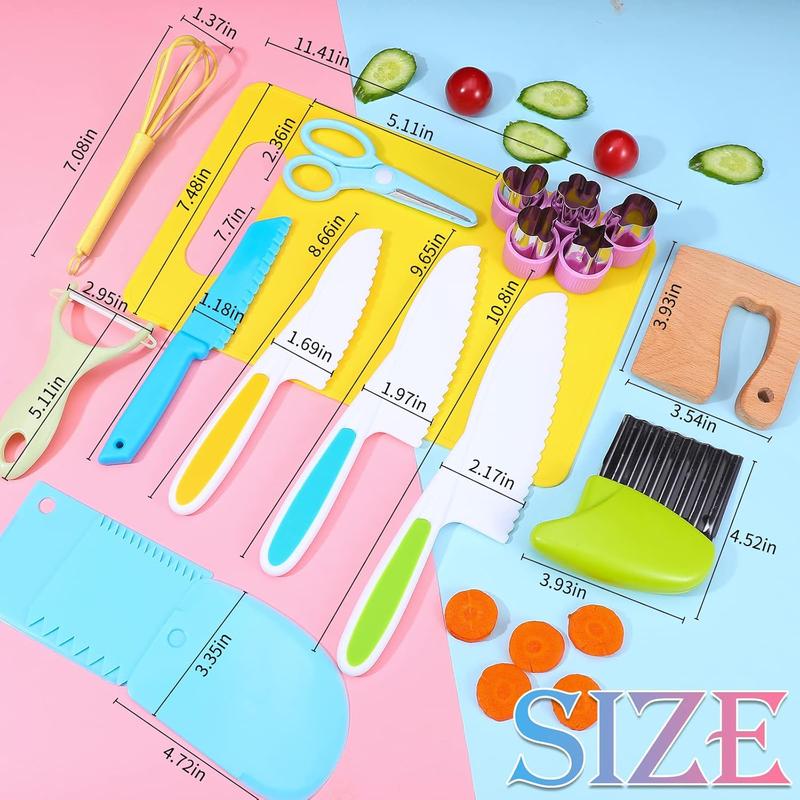 45 Piece Kids Kitchen Utensils Set, Kids Real Cooking Kitchen Utensils, Kids Kitchen Tools Set with Wooden Kids Cutting Board Gloves Fruits Vegetables Waves