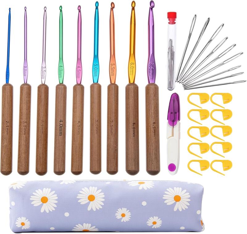 Large-Eye Blunt Needles Yarn Knitting and Crochet Hooks Set with Case Bamboo Handle for Arthritic Hands(Set A)