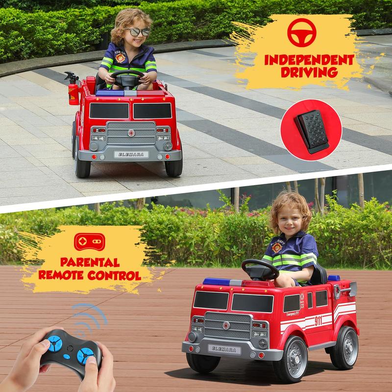 ELEMARA 12V Ride on Fire Truck, Ride on Car for Kids,Electric Ride on Toys Car w Parent Remote Control,Siren Call,walkie-talkies, Flashing Lights,Fire Extinguishers, Bluetooth,Music,UBS