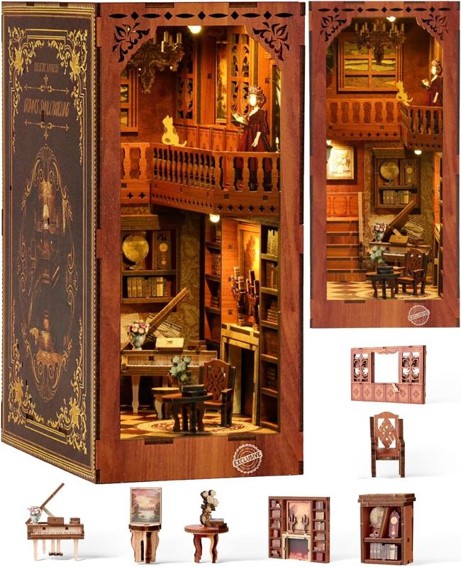 VERYMODEL Book Corner Kit, Christmas Gift DIY Miniature Dollhouse Book Corner Kit, 3D Wooden Puzzle Bookends Bookshelf Insert Decoration with LED Lights, Book Corner Kit for Adults and Teens   Ornaments