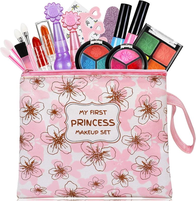 18 count s Makeup Toy Set, Real Kids Cosmetic Beauty Toys with Cosmetic Bag, Washable Make Up Kits for Girls Play Dress Up, Beauty and Birthday Parties Gift Ideal