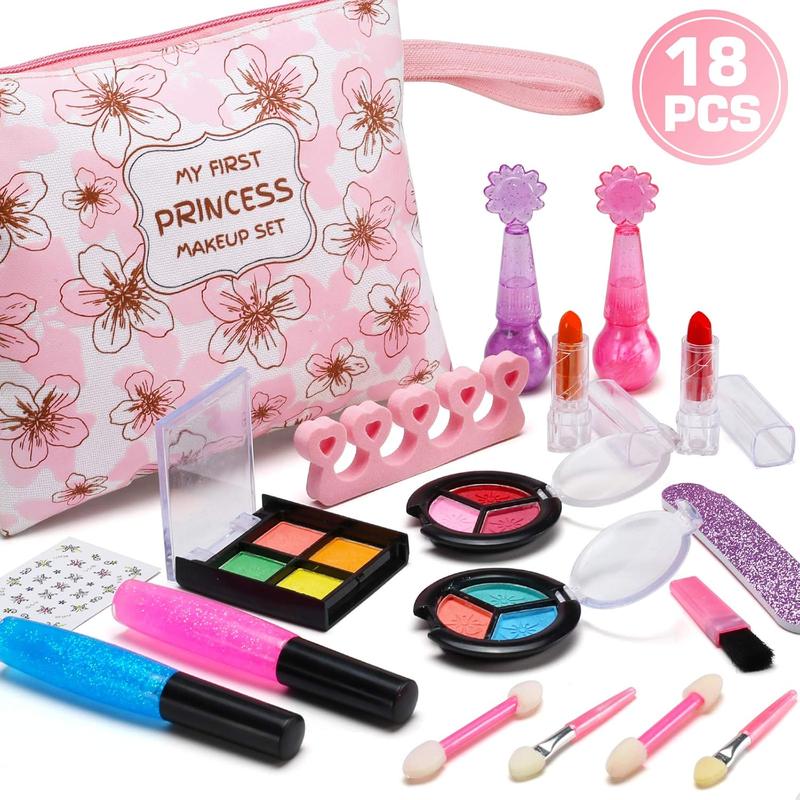 18 count s Makeup Toy Set, Real Kids Cosmetic Beauty Toys with Cosmetic Bag, Washable Make Up Kits for Girls Play Dress Up, Beauty and Birthday Parties Gift Ideal