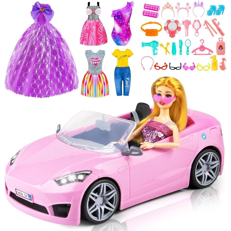 76 Pcs Doll & Convertible Car Playset,Included 11.5 In Doll,Doll Car,Princess Dresses,Fashion Dresses,Casual Clothing,Swimsuits,Bags,Shoes,Doll Playset,Doll Dress up Toys for Girls Kids Toddlers Gifts