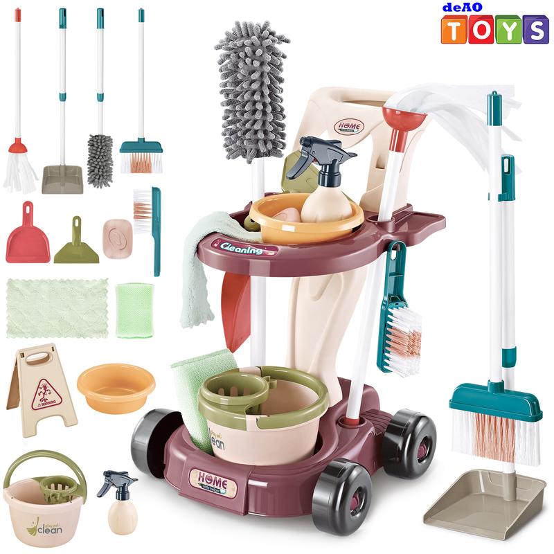 deAO Cleaning Set,Pretend Play Detachable Housekeeping Cart with Broom,Dust Pan,Spray Bottle House Cleaning Tools Toys,Educational Cleaning Carts