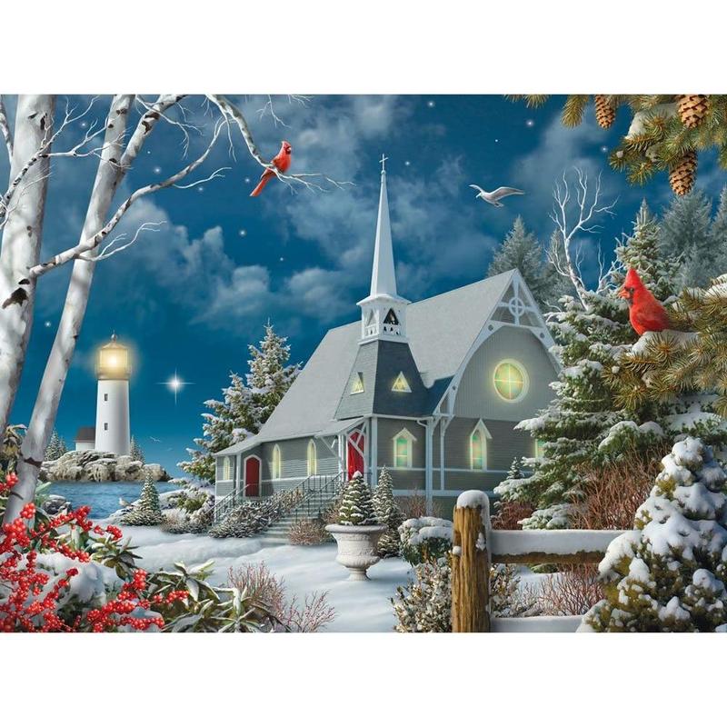 Bits and Pieces - 500 Piece Jigsaw Puzzle for Adults - Guiding Lights - 500 pc Winter Church at Night Jigsaw by Artist Alan Giana