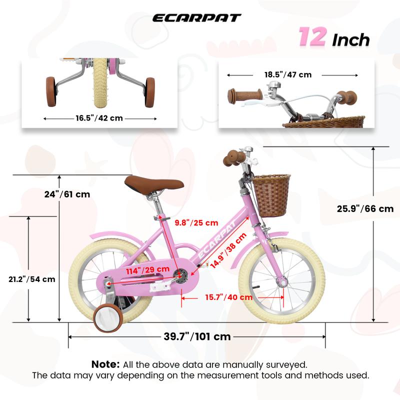 Ecarpat Kids'Bike Girls Bike 12 14 16 Inch Wheels,1-Speed Child Bicycles For 3-6 Years,With Removable Training Wheels Baby Toys,Front V Brake,Rear Holding Brake, Pink Purple Color