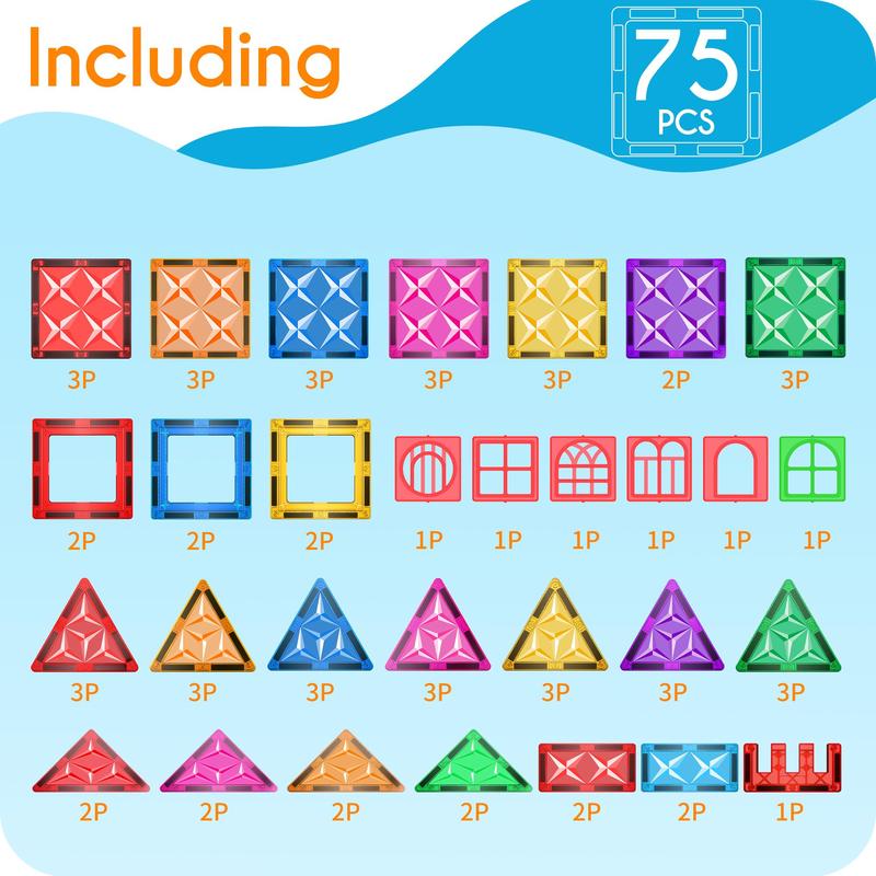 MikiBlue Magnetic Building Tiles Set for Kids 75 PCS Magnetic Blocks Shapes Toys