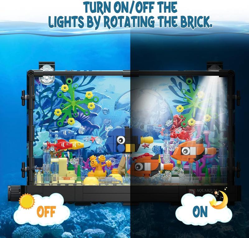 Tenhorses Fish Tank Building Sets, Aquarium with Light Kits Includes Rotatable Jellyfish, Crab, Clownfish, Parrotfish, Marine Plants. Creative Gifts for Girls Boys or Adults.