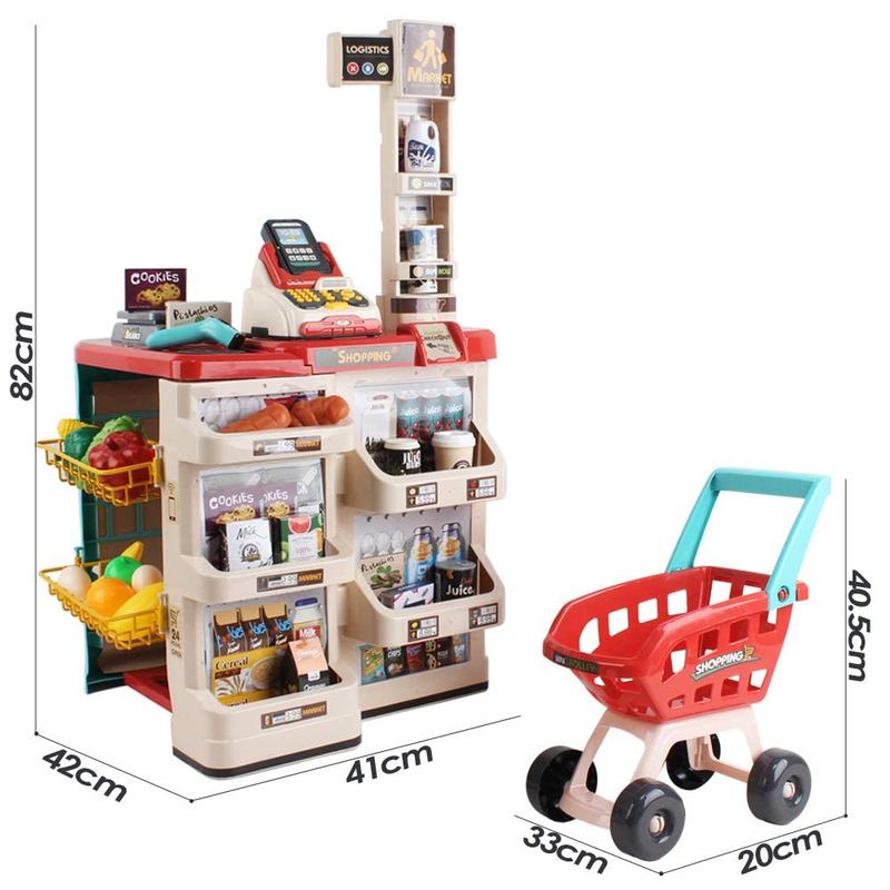 deAO Supermarket Playset Grocery Store Pretend Play Role Market Stall Toy Shop with Shopping Cart,48 PCS Plays Kitchen Set,Best Gift