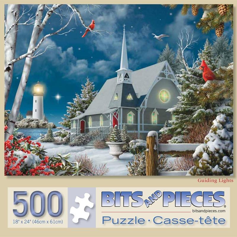 Bits and Pieces - 500 Piece Jigsaw Puzzle for Adults - Guiding Lights - 500 pc Winter Church at Night Jigsaw by Artist Alan Giana