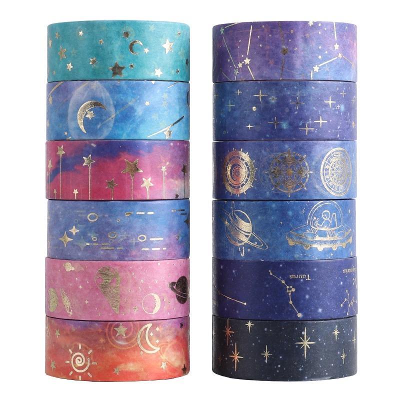 Starry Sky Series Washi Tape (12 Rolls box), Colorful Adhesive Decorative Tape, DIY Decorative Tape for Journal Making, Gift Wrapping