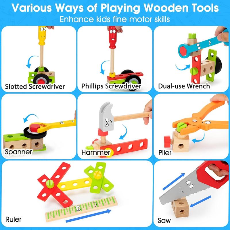 Christmas Gift For Kids Tool Set Toy, Stem Montessori Toys for 3 4 5 Years Old Boy Girl, 43 Pcs Wooden Toddler Tool Kits Inc Box, Learning Educational Construction Toy, Birthday for Kids