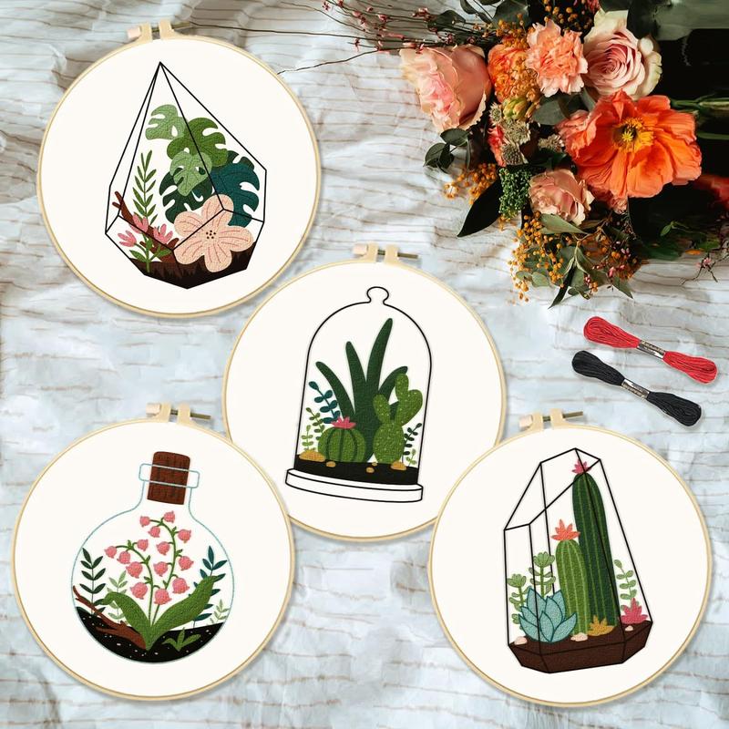 Potted Plant Embroidery Kit, 4 Counts set Including 1 Embroidery Hoop & 1 Instruction & Embroidery Floss & 6 Needle & 1 Threader & 1 Scissor (Random Color Tools)