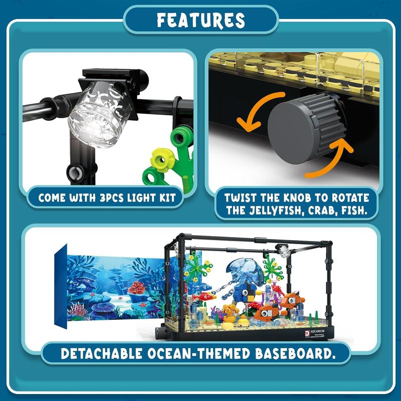 Tenhorses Fish Tank Building Sets, Aquarium with Light Kits Includes Rotatable Jellyfish, Crab, Clownfish, Parrotfish, Marine Plants. Creative Gifts for Girls Boys or Adults.