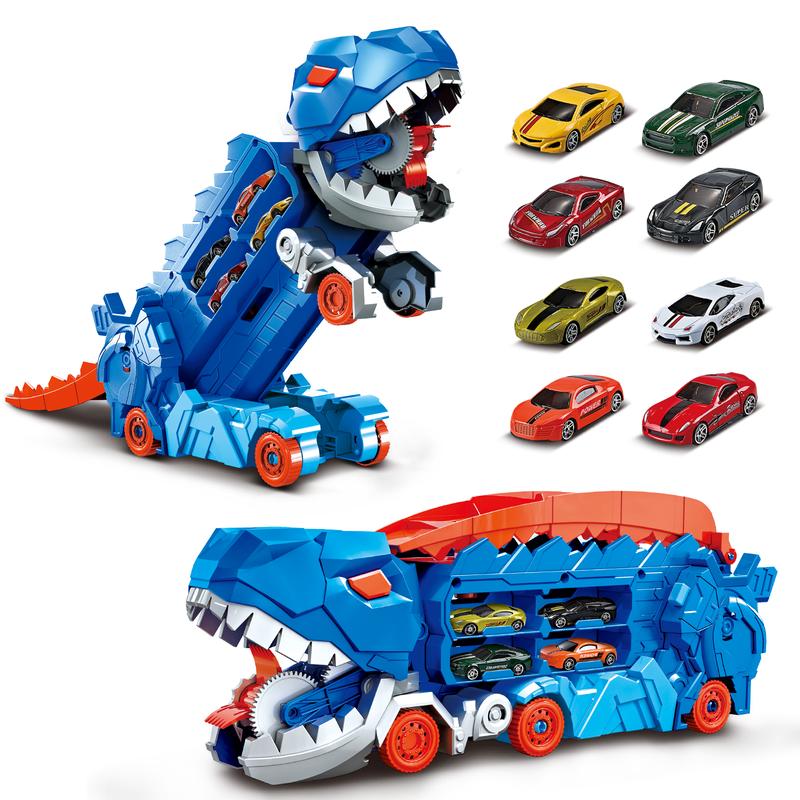 deAO Dinosaur Transforms Car Toys, Tyrannosaurus Rex Carrier Truck, Monster Swallowing Vehicle with Race Track Tail