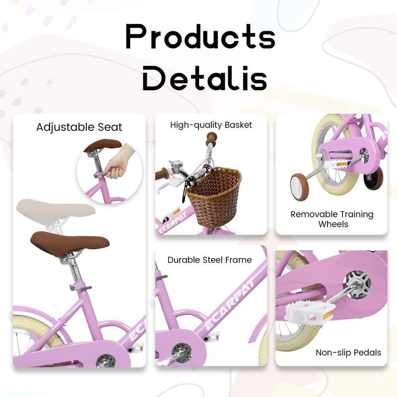 Ecarpat Kids'Bike Girls Bike 12 14 16 Inch Wheels,1-Speed Child Bicycles For 3-6 Years,With Removable Training Wheels Baby Toys,Front V Brake,Rear Holding Brake, Pink Purple Color