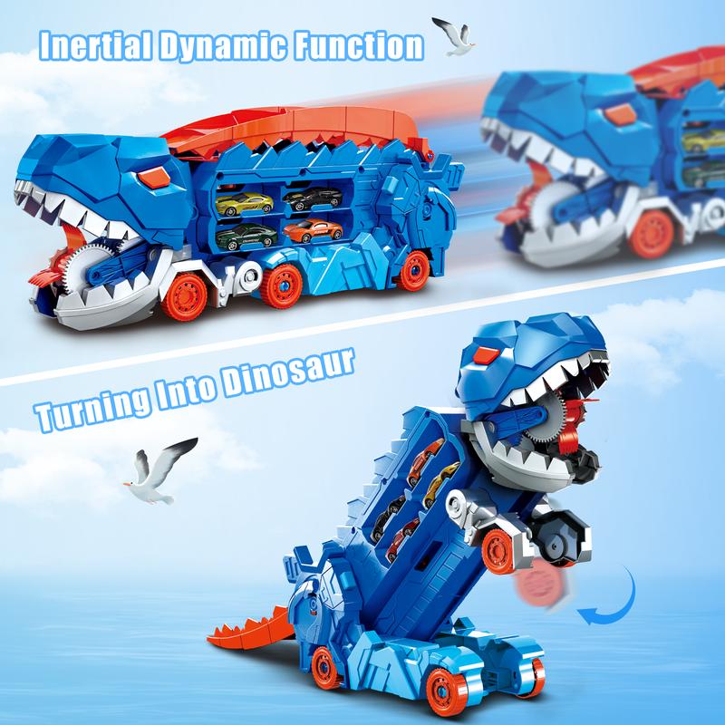 deAO Dinosaur Transforms Car Toys, Tyrannosaurus Rex Carrier Truck, Monster Swallowing Vehicle with Race Track Tail