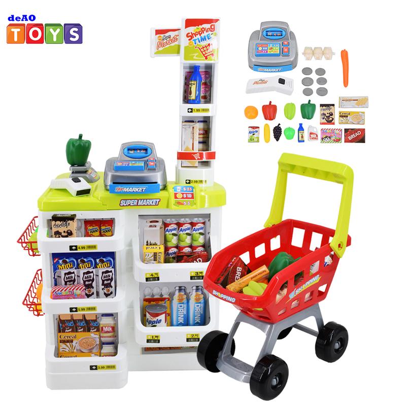 deAO Supermarket Playset Grocery Store Pretend Play Role Market Stall Toy Shop with Shopping Cart,48 PCS Plays Kitchen Set,Best Gift