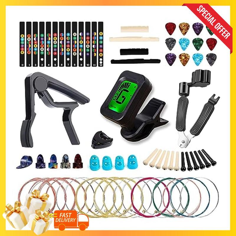 60PCS Acoustic Guitar Accessories Kit Including Guitar Strings, Tuner, Capo, 3-in-1 Restring Tool, Pick Holder, Bridge Pins, Nuts & Saddles, Finger Protector, Finger Picks, Fretboard Stickers