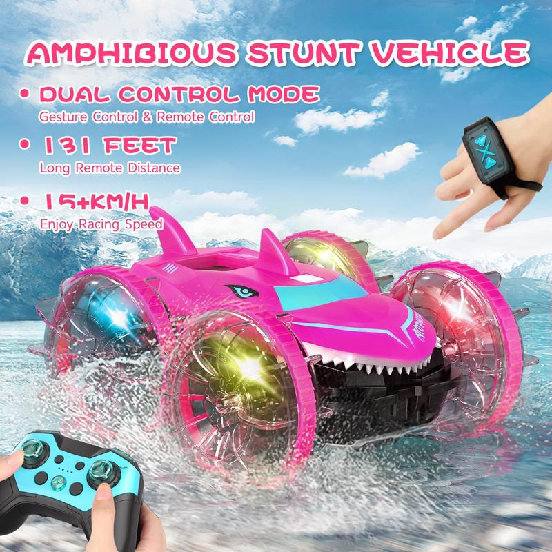 Axirata Amphibious RC Car with Lights for Kids 6-12 Year Old Girls Toy Gesture Hand Remote Control Boat 4WD 2.4GHz Waterproof RC Stunt Car 360° Rotating Water Beach Pool Toys Gift for Girls Kids