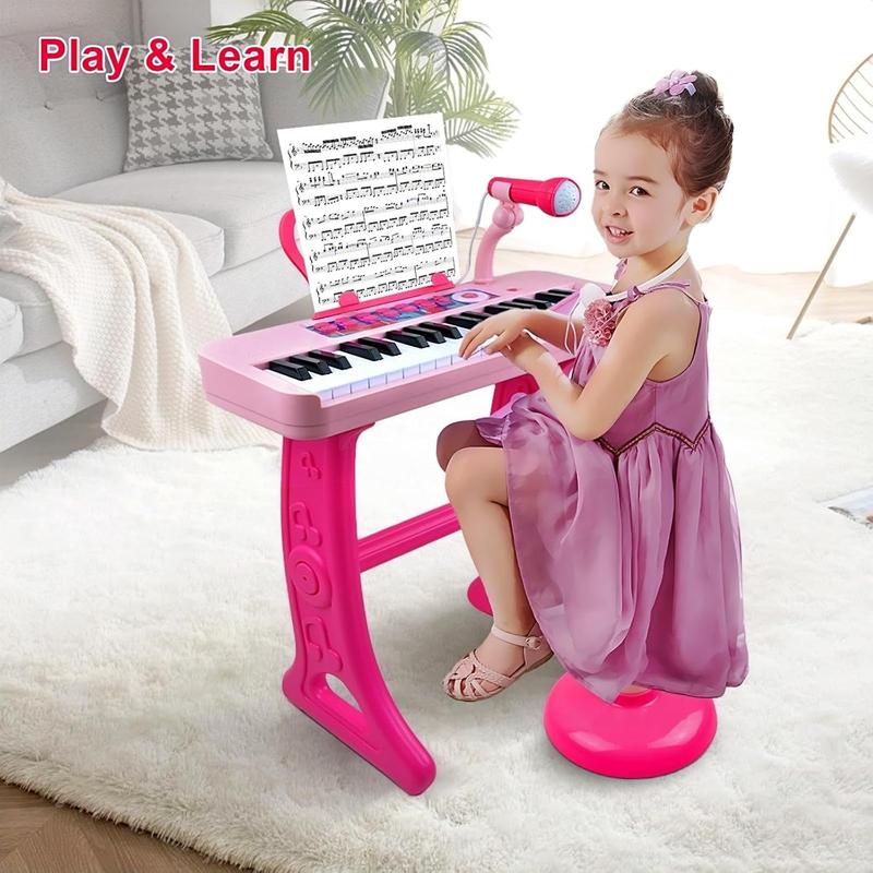 Kids Piano Keyboard Toys - 37 Keys Keyboard Piano with Microphone Stool and 2 Speakers, Christmas Birthday Gifts for 3+ Years Old Baby Girls Toys