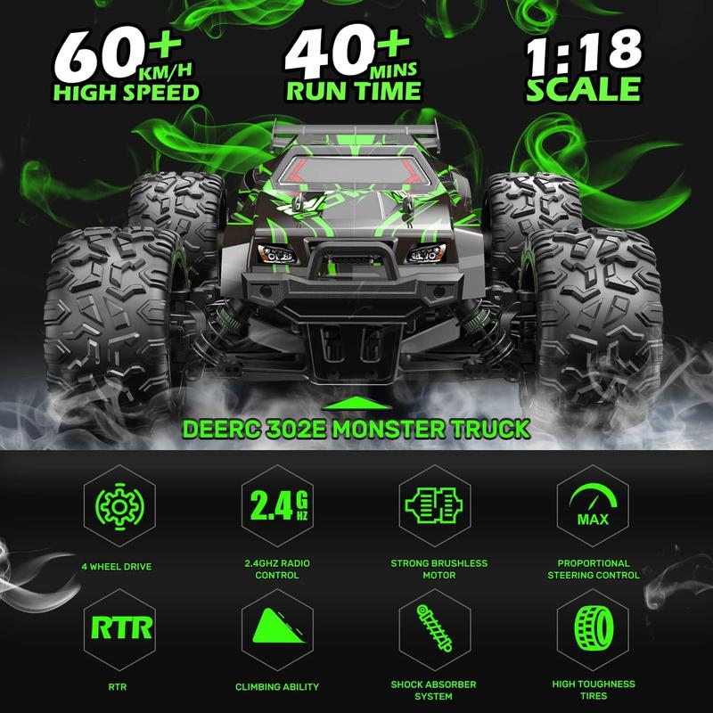 DEERC Brushless 302E RC Cars s, Upgraded 60KM H High Speed Remote Control Car, 4WD 1:18 Scale All Terrain Off Road Monster Truck with DIY Extra Shell, 2 Battery 40 Min Car Toy