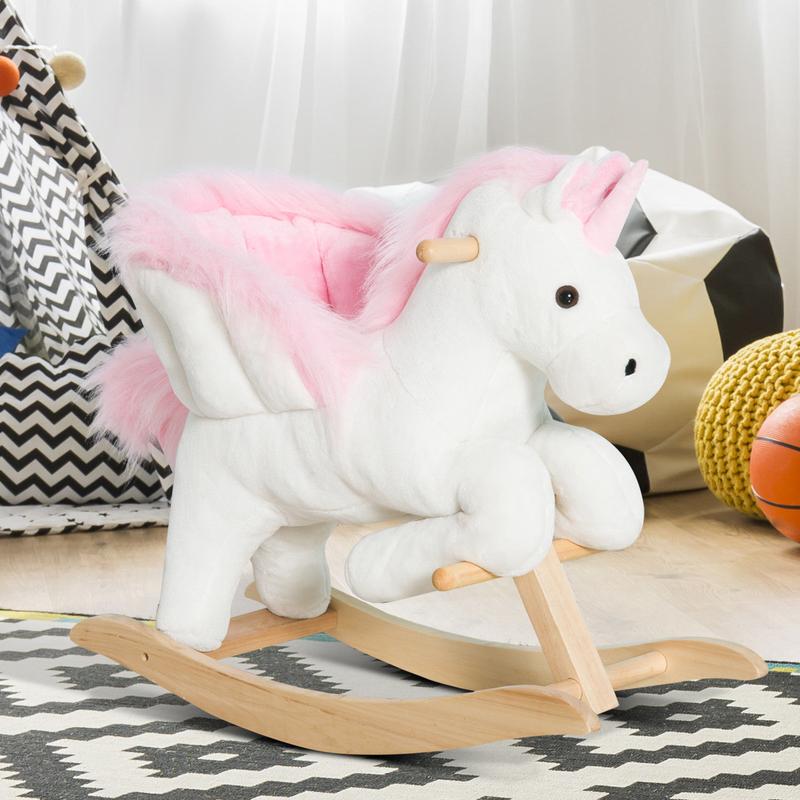 Qaba Kids Ride on Rocking Horse Toy, Plush Stuffed Rocking Animals with Wooden Base, for Boys and Girls Gift