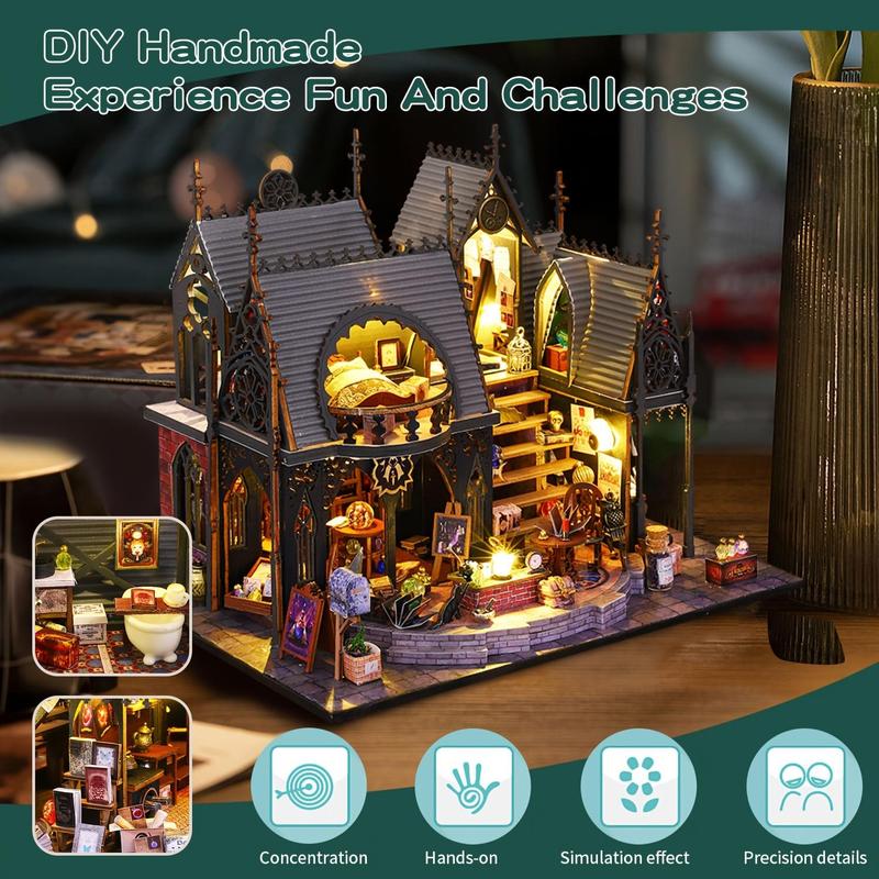 DIY Handmade Bookcase Model without Batteries, 1 Set Vintage Wooden Bookcase Building Blocks, Desktop Decorative Ornament for Home Office, Stocking Fillers Gift