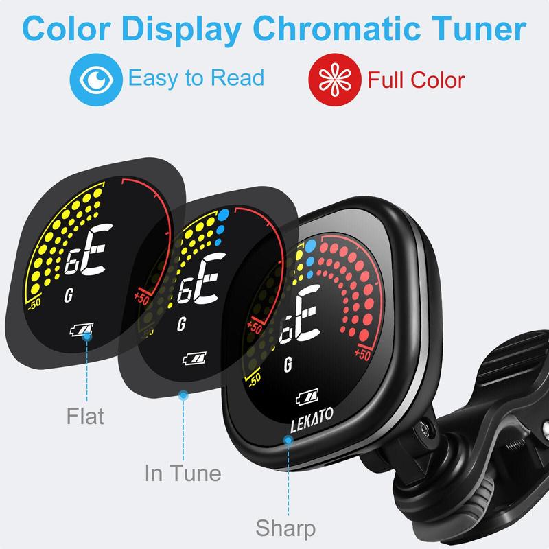 LEKATO Guitar Tuner, Rechargeable Clip On for Guitar Bass Ukulele Violin & Chromatic Tuning Modes, Fast Accurate Tuning Super Bright Display to Read for Professional Beginners