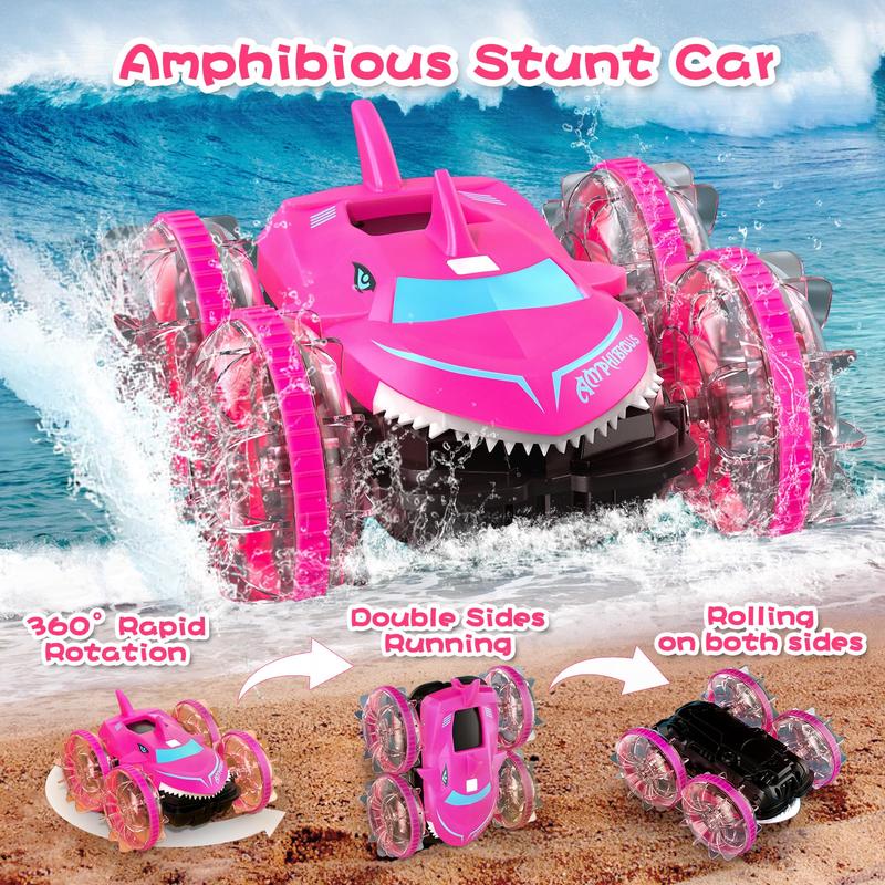 Axirata Amphibious RC Car with Lights for Kids 6-12 Year Old Girls Toy Gesture Hand Remote Control Boat 4WD 2.4GHz Waterproof RC Stunt Car 360° Rotating Water Beach Pool Toys Gift for Girls Kids