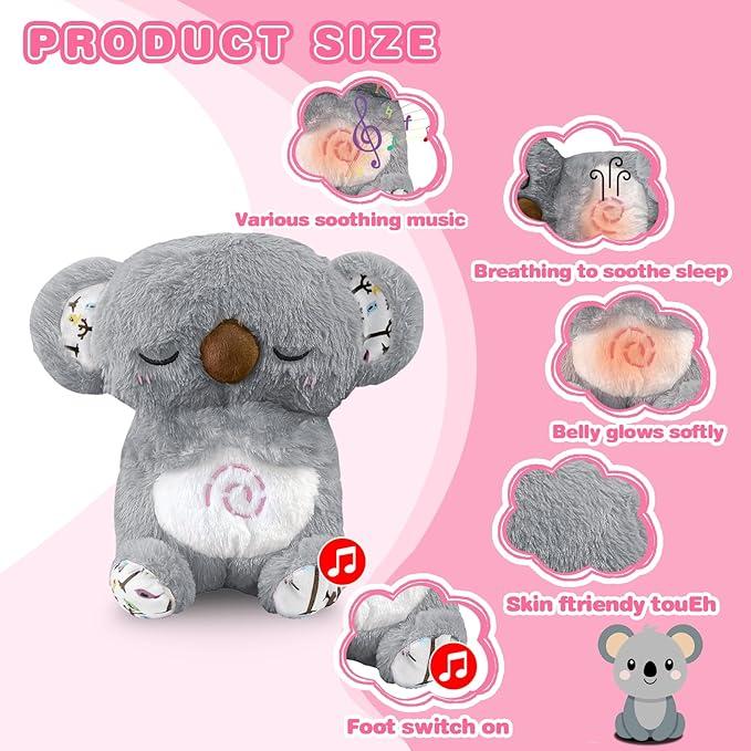 Koala Breathing Stuffed Animal, Anxiety Relief Koala Sleeping Plush with Realistic Breathing Motion and Soothing Music Lights Portable Plushies Birthday Gifts for Adults and Kids