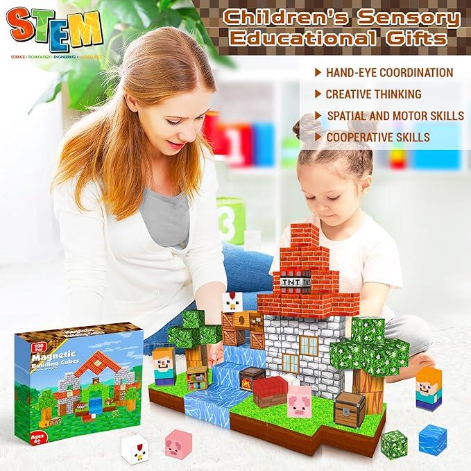 Magnetic Blocks-100PCS Magnetic Building Blocks Magnetic Tiles Stacking, Build Mine Magnet World Set, STEM Montessori Sensory Toys for Kids Boys Girls