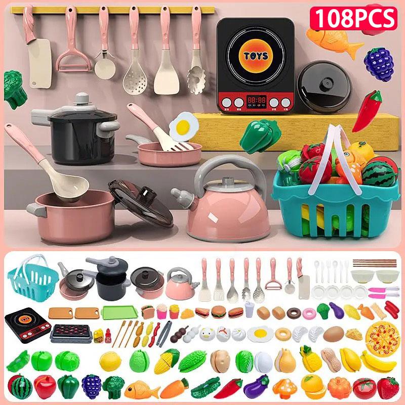 108Pcs Kids Kitchen Toy Accessories, Toddler Pretend BBQ Camping Cooking Playset, Play Pots, Pans, Utensils Cookware Toys, Play Food Set, Vegetables, Learning Gift for Girls Boys win fun