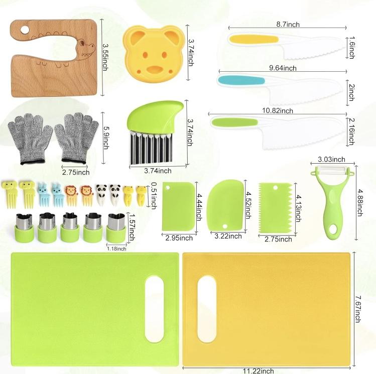 13 17 28 Counts Montessori Cooking Set:Safe Culinary Tools For Kids,Foster Skills And Fun,Baking Toy Toddlers Wooden Knives With Cutting Board Fruit Vegetable Crinkle Cutter y Peeler Sandwich Cutters,Realistic Play Food Set,Pretend Play Sets for Girls